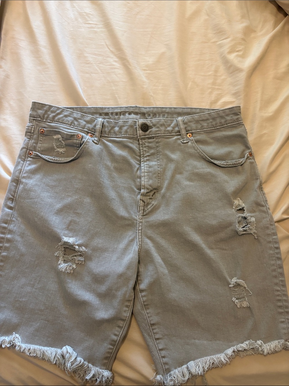 American Eagle Outfitters Light Gray Distressed Relaxed Denim Shorts
